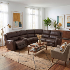Flexsteel Harrison Burnt Umber Leather 6-Piece Power Reclining Sectional with Heat & Massage