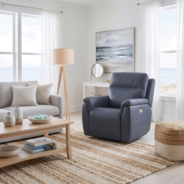 Flexsteel Sawyer Leather Swivel Glider with Power Headrest, Lumbar, Heat & Massage in Marine