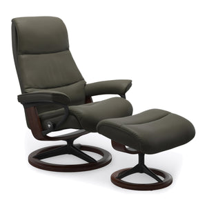Stressless View Signature Base Large Chair & Ottoman in Paloma Dark Olive