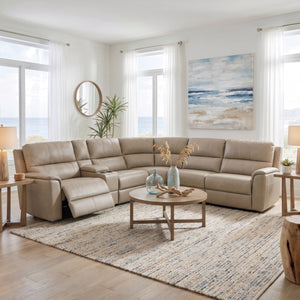 Flexsteel Harrisson Beige Leather 6-Piece Power Reclining Sectional with Heat & Massage
