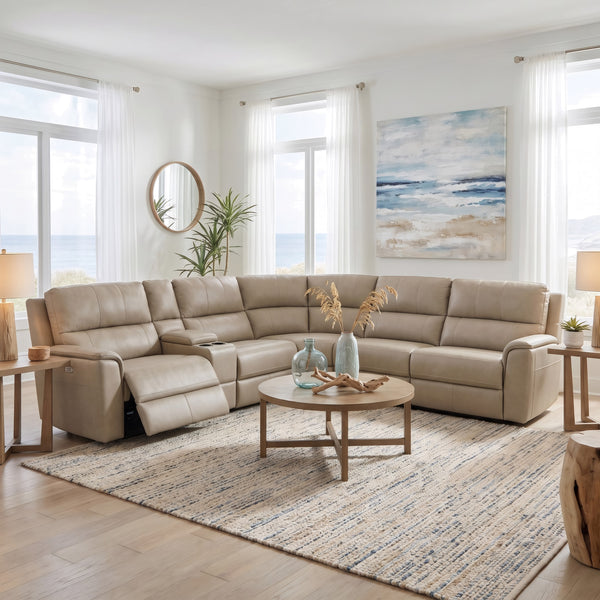 Flexsteel Harrisson Beige Leather 6-Piece Power Reclining Sectional with Heat & Massage