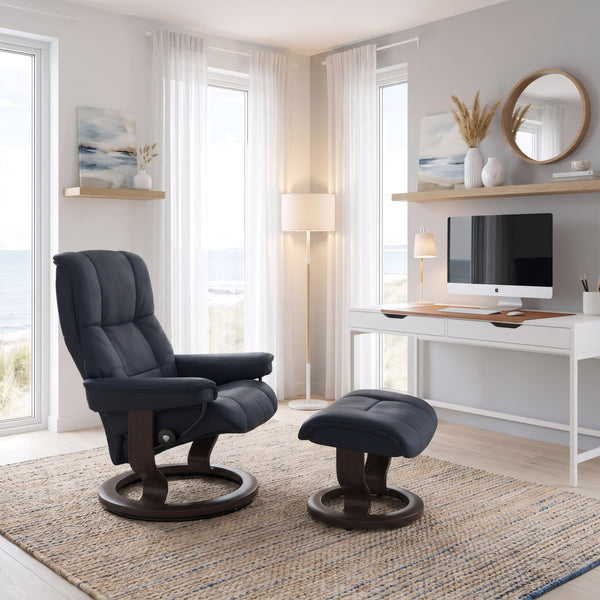 Stressless Mayfair Classic Base Medium Chair & Ottoman in Paloma Oxford Blue