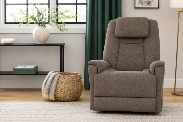 Flexsteel Zecliner Model 3+ Fabric Power Lift Recliner with Power Headrest, Lumbar, Heat & Massage in Toast