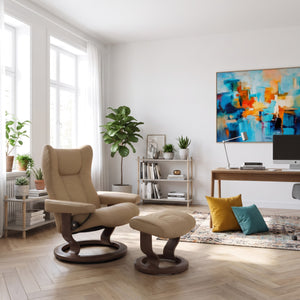 Stressless Wing Classic Base Large Chair & Ottoman in Paloma Sand