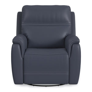 Flexsteel Sawyer Leather Swivel Glider with Power Headrest, Lumbar, Heat & Massage in Marine