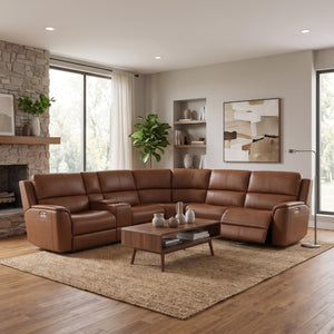 Flexsteel Harrison Caramel Leather 6-Piece Power Reclining Sectional with Heat & Massage