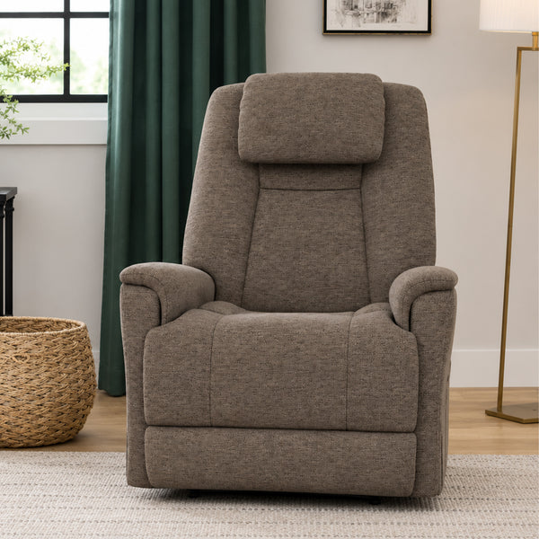 Flexsteel Zecliner Model 3+ Fabric Power Lift Recliner with Power Headrest, Lumbar, Heat & Massage in Toast