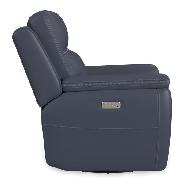 Flexsteel Sawyer Leather Swivel Glider with Power Headrest, Lumbar, Heat & Massage in Marine