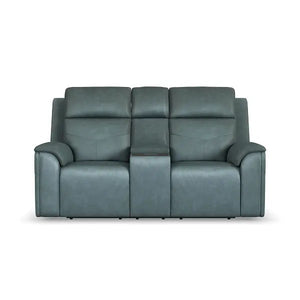 Flexsteel Vernon Triple Power Admiral Blue Fabric Console Loveseat with Power Headrest, Lumbar, Heat & Massage