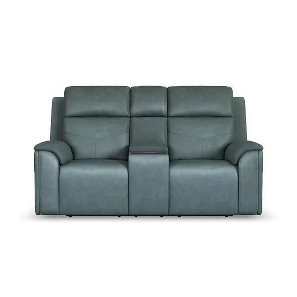 Flexsteel Vernon Triple Power Admiral Blue Fabric Console Loveseat with Power Headrest, Lumbar, Heat & Massage