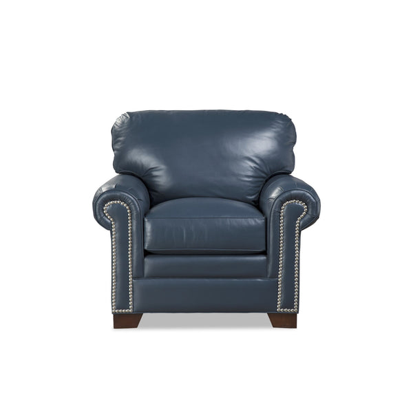 Craftmaster Copola Blue Transitional Leather Armchair with Pewter Nailhead Trim