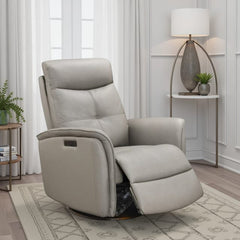 Leather Italia Kelly Grey Leather Swivel Glider Chair with USB, Power Headrest & Footrest
