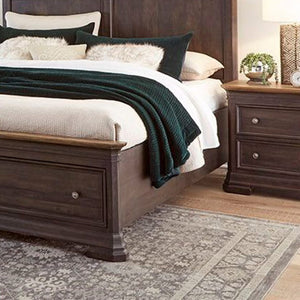 napa furniture grand louie queen complete storage bed in rustic brown/distressed black