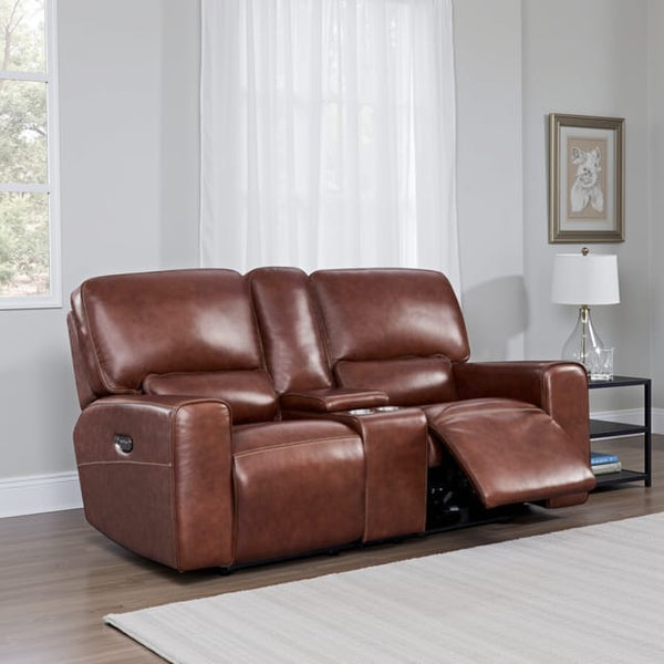 Leather Italia Broadway Brown Leather Loveseat with USB, Power Headrest & Footrest