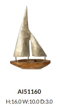 Style Craft Small Pewter Sails Natural Stained Wood Base Boat Sculpture