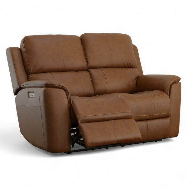 Flexsteel Harrison Leather Triple Power Loveseat with Heat & Massage in Caramel