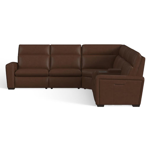 Flexsteel Sense Italian Leather 6-Piece Power Reclining Sectional with Console, Power Headrests, Lumbar & Pulse Immersive Audio in Espresso