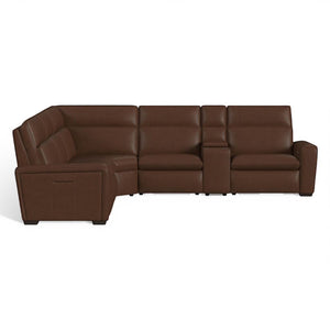 Flexsteel Sense Italian Leather 6-Piece Power Reclining Sectional with Console, Power Headrests, Lumbar & Pulse Immersive Audio in Espresso