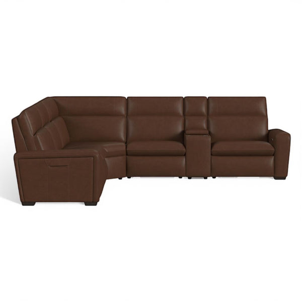 Flexsteel Sense Italian Leather 6-Piece Power Reclining Sectional with Console, Power Headrests, Lumbar & Pulse Immersive Audio in Espresso