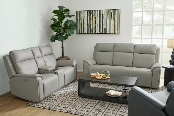 Flexsteel Vernon Triple Power Dove Grey Fabric Sofa with Power Headrest, Lumbar, Heat & Massage