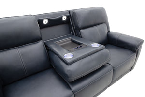 Moto Motion Harmony Triple Power Sofa with Home Theater & Middle Speaker, Air Massage, 3-Zone Heating & Zero Gravity In Sorrento Ocean Leather