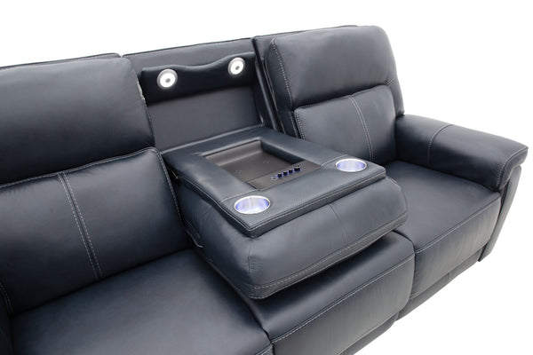 Moto Motion Harmony Triple Power Sofa with Home Theater & Middle Speaker, Air Massage, 3-Zone Heating & Zero Gravity In Sorrento Ocean Leather