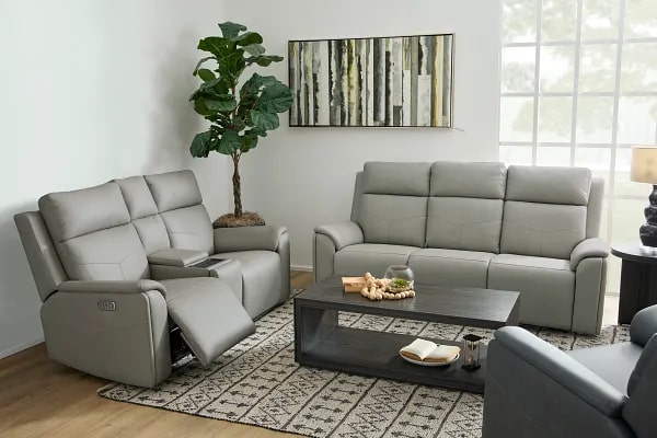 Flexsteel Vernon Triple Power Dove Grey Fabric Sofa with Power Headrest, Lumbar, Heat & Massage