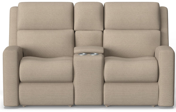 Flexsteel Score Zero Gravity Fabric Power Reclining Console Loveseat with Power Headrests & Lumbar in Sand