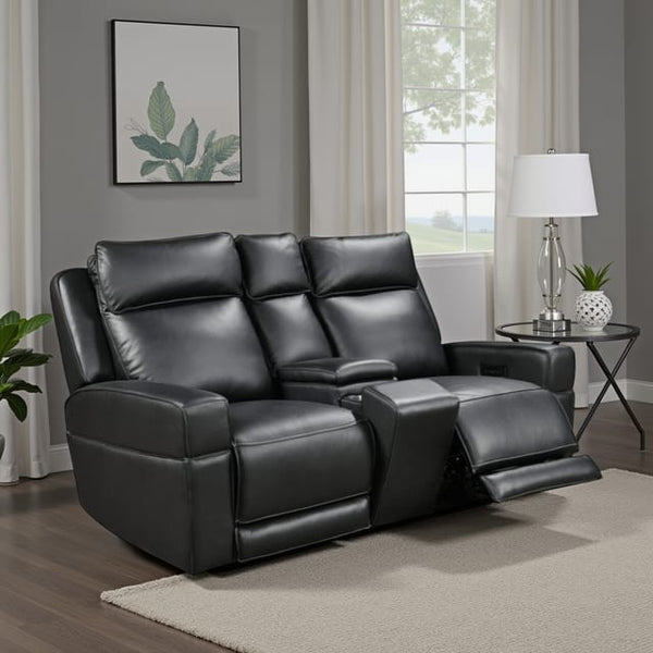 Leather Italia Valley Zero Gravity Black Leather Console Loveseat with USB, Power Headrest & Footrest