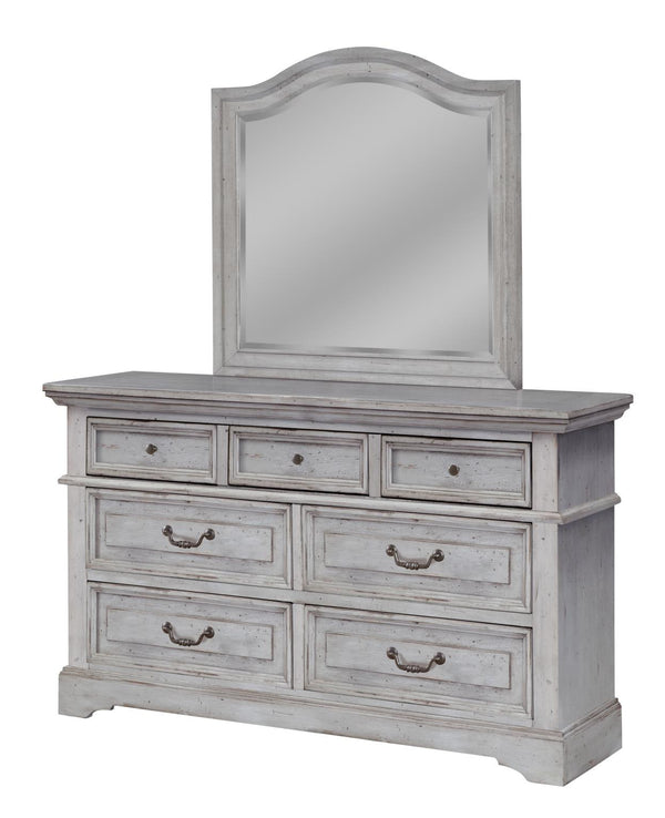 American Woodcrafters Complete Queen Bedroom Set Panel Bed, Dresser, Mirror, Chest & Nightstand Light Distressed Antique Gray Stonebrook