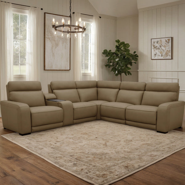 Moto Motion Melody 6-Piece Triple Power Cappuccino Leather Sectional with Speaker Audio Headrests