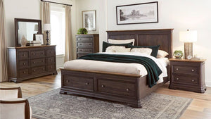 napa furniture grand louie queen complete storage bed in rustic brown/distressed black