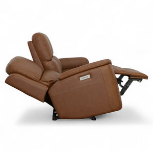 Flexsteel Harrison Leather Triple Power Reclining Sofa with Heat & Massage in Caramel