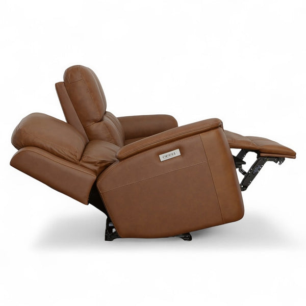 Flexsteel Harrison Leather Triple Power Reclining Sofa with Heat & Massage in Caramel