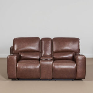 Leather Italia Broadway Brown Leather Loveseat with USB, Power Headrest & Footrest