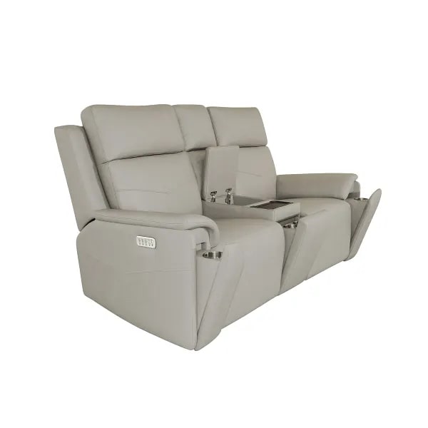 Flexsteel Vernon Triple Power Dove Grey Fabric Console Loveseat with Power Headrest, Lumbar, Heat & Massage