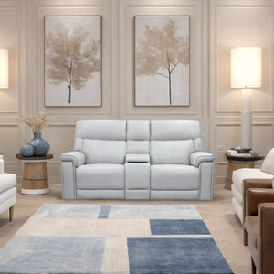 Moto Motion Harmony Console Loveseat with Home Theater & Multi Media & Air Massage & 3-Zone Heating & Zero Gravity In Sorrento Dove Leather