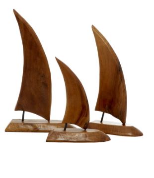 UMA Home Decor Brown Teak Wood Sail Boat Handmade Sculpture Set of 3 20 & 17 & 13