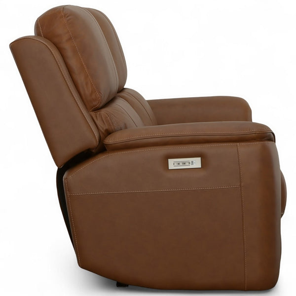 Flexsteel Harrison Leather Triple Power Loveseat with Heat & Massage in Caramel