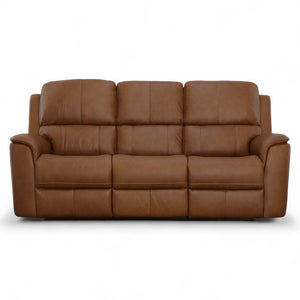 Flexsteel Harrison Leather Triple Power Reclining Sofa with Heat & Massage in Caramel