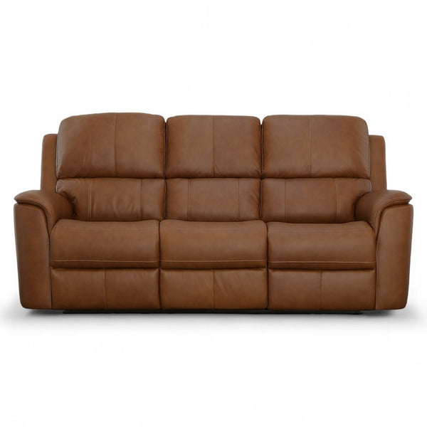 Flexsteel Harrison Leather Triple Power Reclining Sofa with Heat & Massage in Caramel