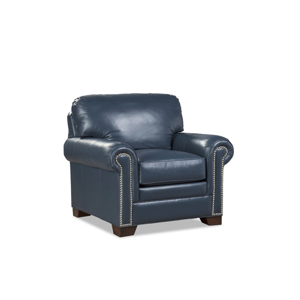 Craftmaster Copola Blue Transitional Leather Armchair with Pewter Nailhead Trim
