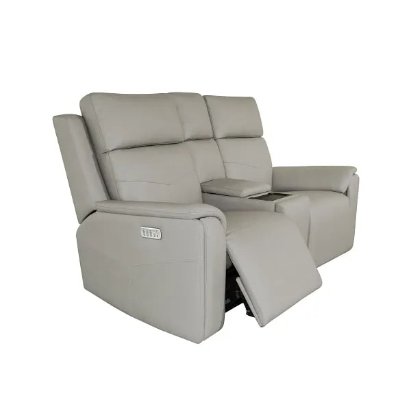Flexsteel Vernon Triple Power Dove Grey Fabric Console Loveseat with Power Headrest, Lumbar, Heat & Massage