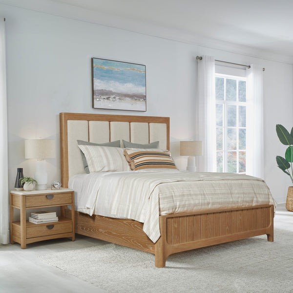 Parker House Escape Glazed Natural Oak King Panel Headboard in Mirage Mist Fabric