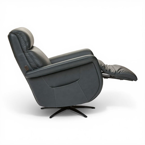 Flexsteel Zen Leather Power Swivel Recliner with Power Headrest, Heat, Massage & Ventilation in Whale Blue