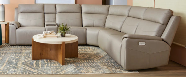 Flexsteel Vernon 6-Piece Triple Power Dove Grey Fabric Sectional with Power Headrest, Lumbar, Heat & Massage