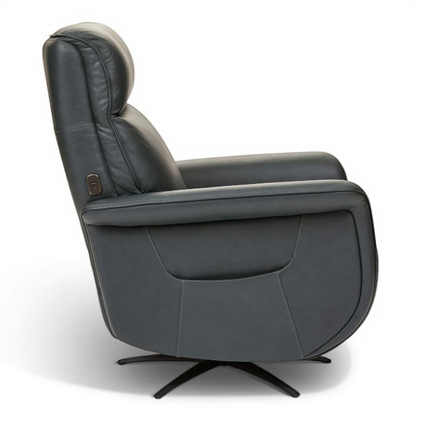 Flexsteel Zen Leather Power Swivel Recliner with Power Headrest, Heat, Massage & Ventilation in Whale Blue