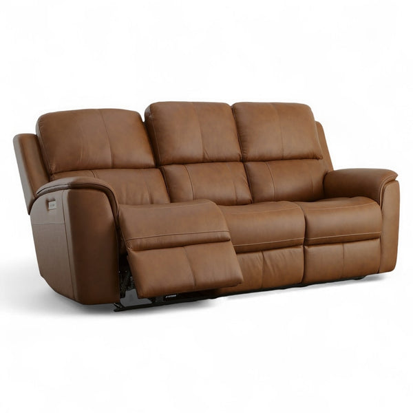Flexsteel Harrison Leather Triple Power Reclining Sofa with Heat & Massage in Caramel