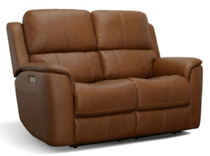 Flexsteel Harrison Leather Triple Power Loveseat with Heat & Massage in Caramel
