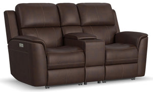 Flexsteel Harrison Leather Triple Power Console Loveseat with Heat & Massage in Burnt Umber